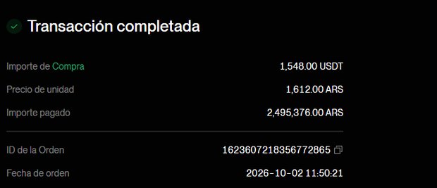 Compra de 1.548 USDT por 2.495.376 pesos en BingX